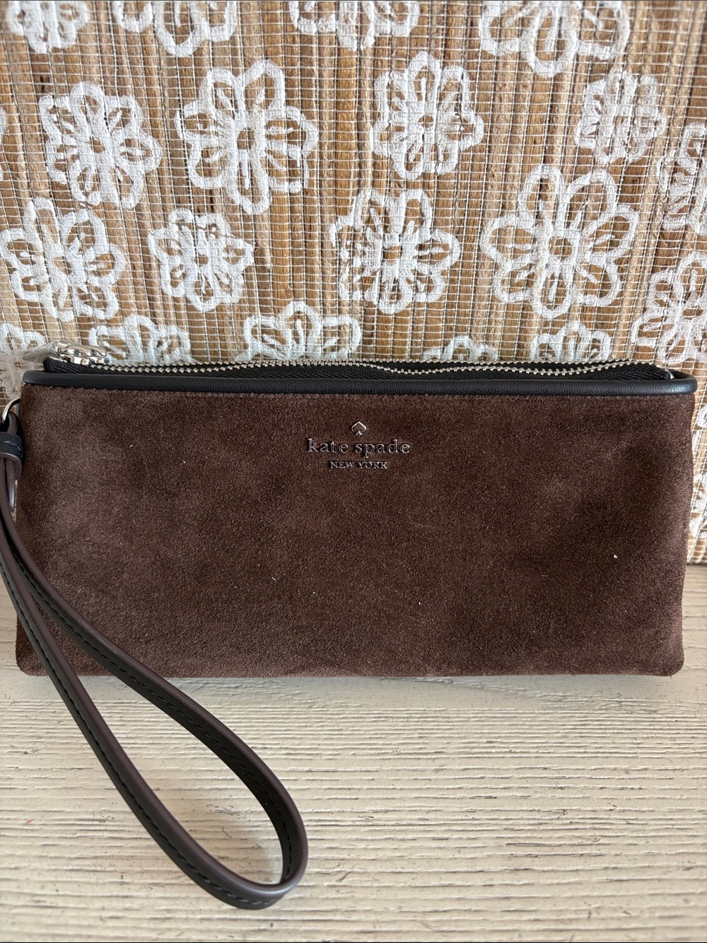 Kate Spade Brown Suede Wristlet Clutch with duel zippers and a Leather Strap,
